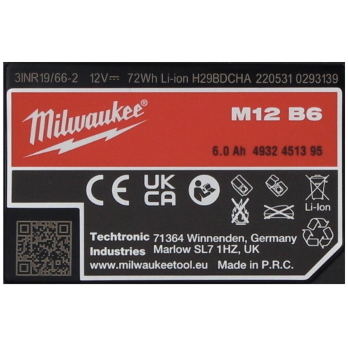 Milwaukee M12B6 Battery 1x6Ah 12V Li-Ion