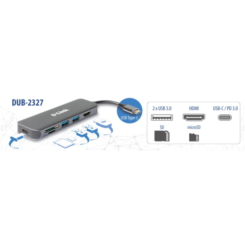 D-Link DUB-2327 Hub USB-C 6-in-1 HDMI/lettore di schede/porta di ricarica grigio