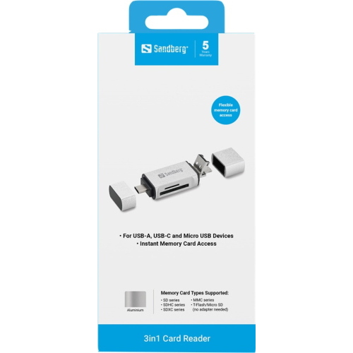 Sandberg Lettore di schede USB-C+USB+MicroUSB Argento (136-28)