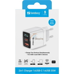 Sandberg Adattatore di ricarica rapida 2 in 1 USB-C/A da 35 W Bianco (441-52) 60 g