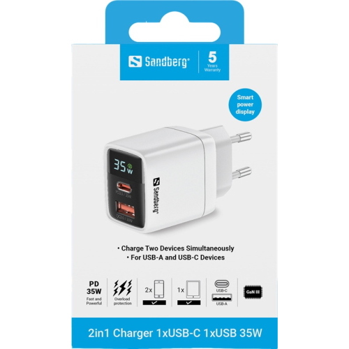 Sandberg Adattatore di ricarica rapida 2 in 1 USB-C/A da 35 W Bianco (441-52) 60 g