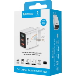 Sandberg Adattatore di ricarica rapida 2 in 1 USB-C/A da 35 W Bianco (441-52) 60 g