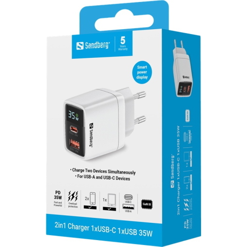 Sandberg Adattatore di ricarica rapida 2 in 1 USB-C/A da 35 W Bianco (441-52) 60 g
