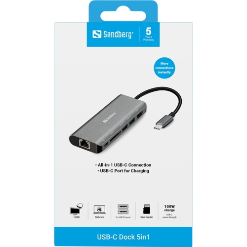 Sandberg Docking station USB-C, HDMI+LAN+SD+USB 100 W Grigio (136-18)