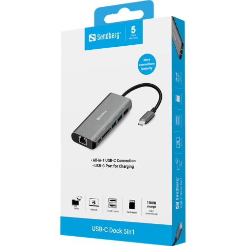 Sandberg Docking station USB-C, HDMI+LAN+SD+USB 100 W Grigio (136-18)