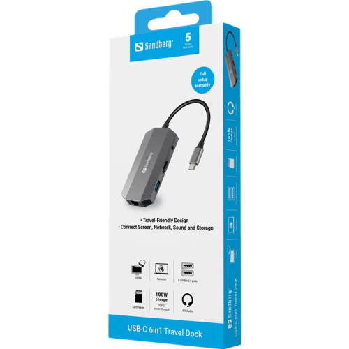 Sandberg Docking station USB-C 6in1 Travel Grigio (136-33) 3,5 mm 100 W