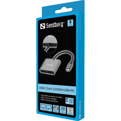Sandberg Docking station USB-C, 2xHDMI+USB+PD Grigio (136-44) 100 W