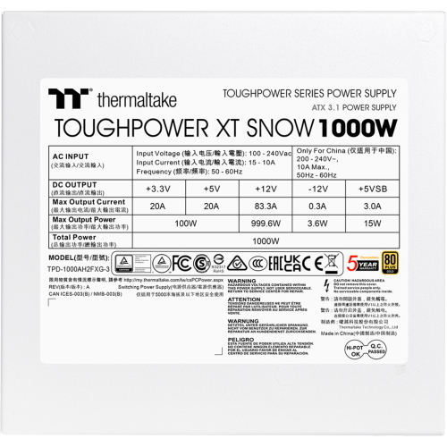THERMALTAKE TOUGHPOWER XT SNOW 1000W MOD. PS-TPX-1000FNFAGE-W EAN 4711658548184