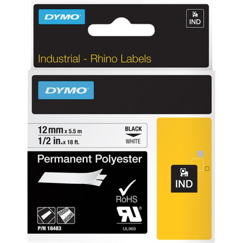 DYMO 18483 Rhino nastro poliestere permanente 12 mm x 5,5 m nero su bianco
