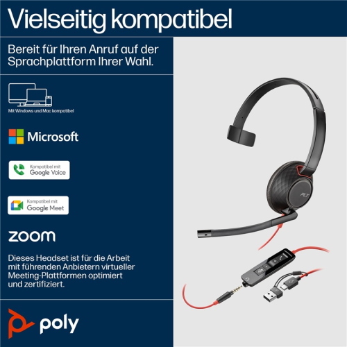 HP Poly Cuffie monoaurali Blackwire 5210 USB-C + spinotto 3,5 mm + adattatore USB-C/A nero (8X230AA) 165.2 g