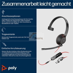 HP Poly Cuffie monoaurali Blackwire 5210 USB-C + spinotto 3,5 mm + adattatore USB-C/A nero (8X230AA) 165.2 g