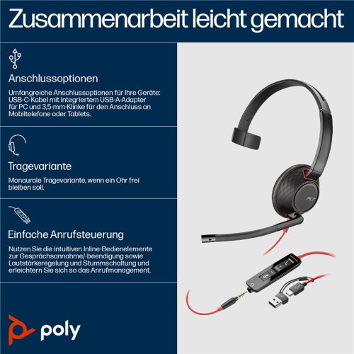HP Poly Cuffie monoaurali Blackwire 5210 USB-C + spinotto 3,5 mm + adattatore USB-C/A nero (8X230AA) 165.2 g