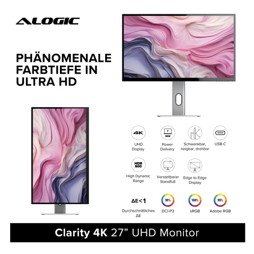 Alogic Clarity 27 - Monitor UHD 4K USB-C con ricarica 90 W - Cod. produttore: Clarity 27