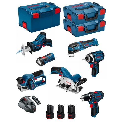 Bosch Professional BMK7-28DD3 kit 12 V con 7 utensili, pialla e 3 batterie 2,0 Ah