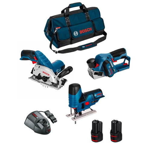 Bosch Professional BMKB3-28AD2 kit legno 12 V con sega circolare, seghetto e pialla