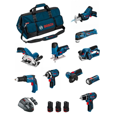 Bosch Professional BMKB10-28CD3 kit 12 V con 10 utensili, 3 batterie 2,0 Ah e borsa