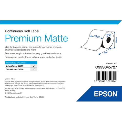 Epson Premium Matte Label C33S045727 rotolo di etichette opache 105 mm x 35 m, singolo