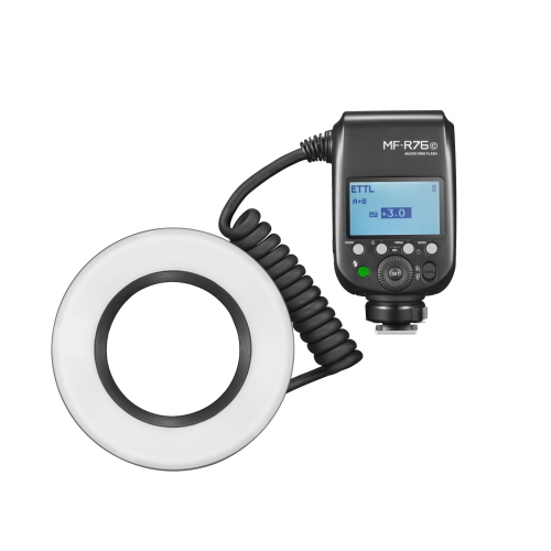 Godox MF-R76C flash anulare macro TTL per Canon da 76 Ws con HSS e kit anelli 49–77 mm