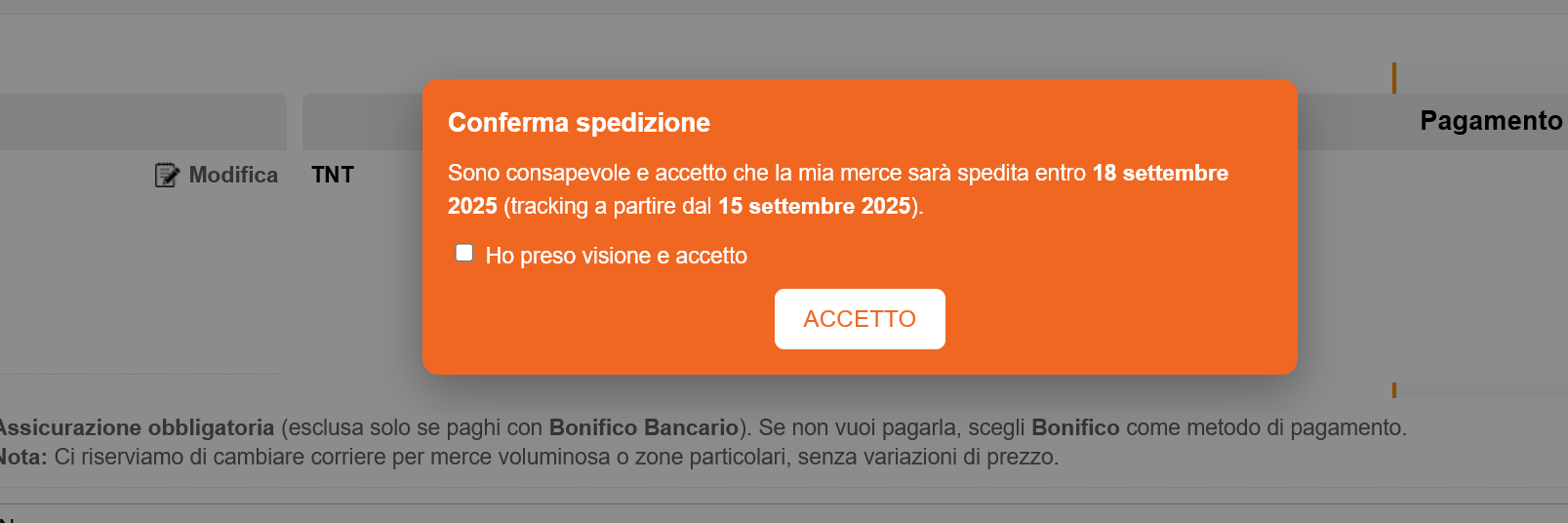 Conferma dei tempi nel checkout